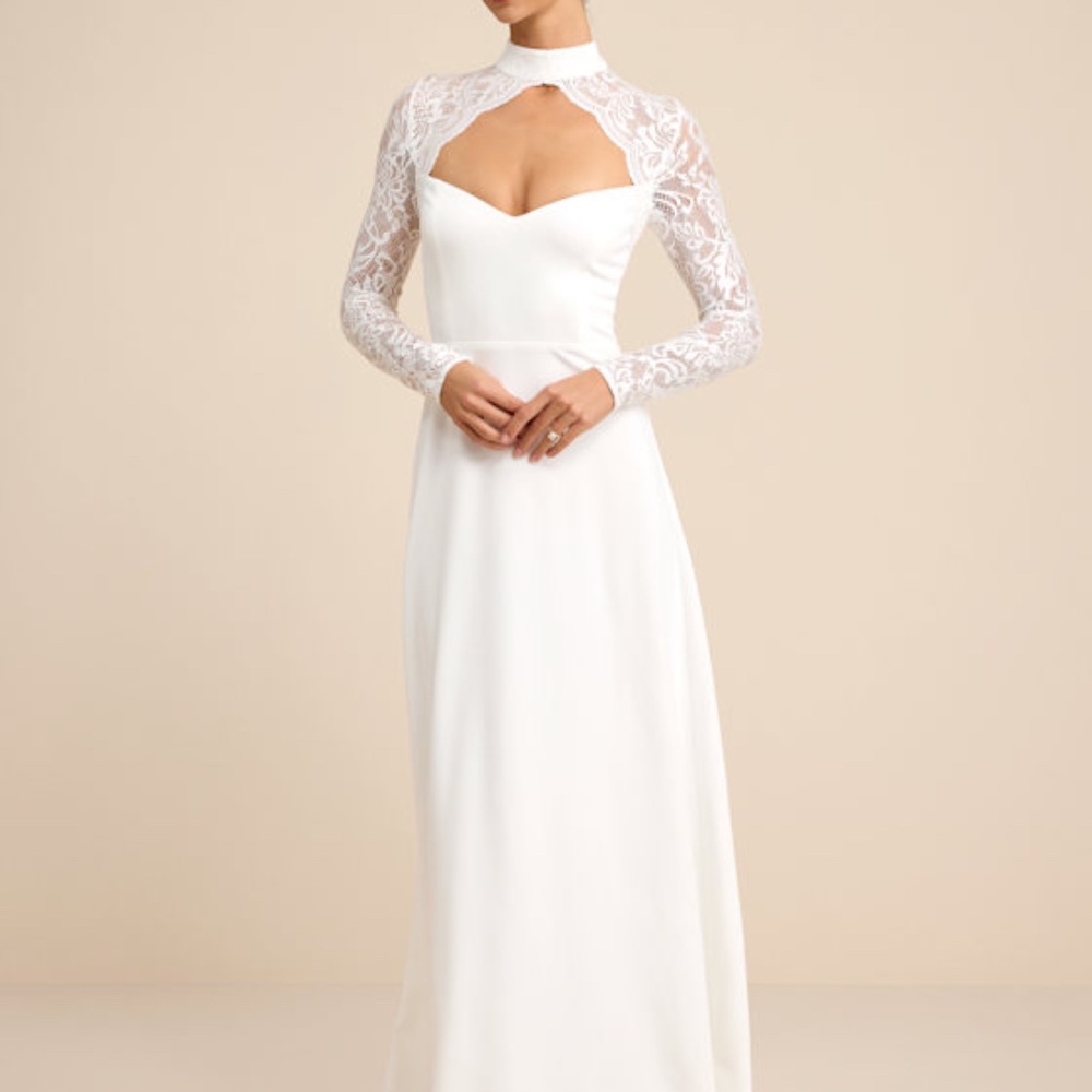 Lulus Keeley Lace Mock Neck Long Sleeve Maxi Dress White - Size M